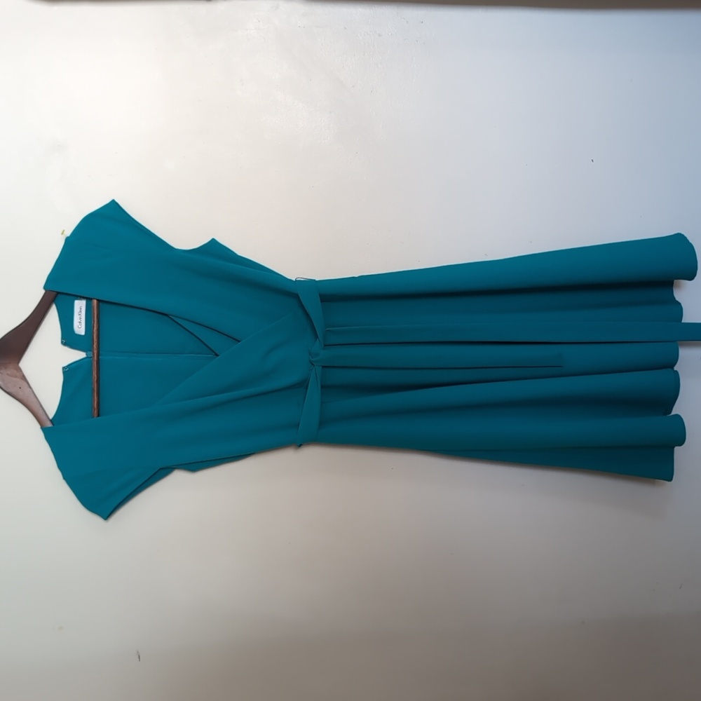 New Calvin Klein Solid Fit & Flare Sleeveless Belted Dress Green/Blue Size 6